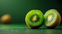 Fresh kiwi fruit cut in half showing vibrant green flesh and black seeds on dark green background for healthy eating and nutrition concepts.