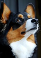Close-up portrait of tricolor Welsh Corgi dog with bright blue eyes looking up against dark background, showing distinctive facial markings and alert expression.