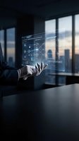 Businessman hand touching holographic digital interface with network connections in modern office at sunset for technology and innovation concepts.