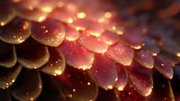 Macro photography of glowing dragon scales in dark red and gold tones with magical sparkles and water drops creating mystical fantasy atmosphere.