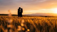 Romantic couple silhouette embracing in golden wheat field at sunset with warm orange sky and mountains in background creating intimate moment.