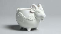White ceramic goat-shaped planter or decorative bowl with ornate swirl patterns, isolated on gray background for home decor and gardening projects.