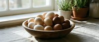 Fresh brown eggs arranged in rustic wooden bowl on kitchen counter with natural sunlight streaming through window and potted herbs in background.