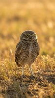 Burrowing owl standing on ground in golden hour light with warm bokeh background. Small raptor bird with spotted brown plumage and bright yellow eyes in natural habitat.