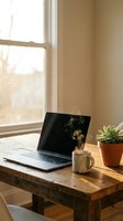 Cozy home office workspace with laptop, coffee mug and succulent plant on rustic wooden desk by sunny window for remote work and productivity.