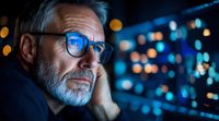 Mature businessman with gray beard and blue glasses contemplating while working late, illuminated by glowing bokeh lights in dark office environment.