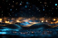 Glowing blue and gold particles form abstract waves against dark background, creating magical atmosphere with bokeh light effects and sparkling elements.