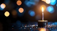 Single lit birthday candle on chocolate cake against dark background with glowing bokeh lights creating magical celebratory atmosphere.