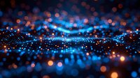 Abstract blue and orange bokeh lights creating dynamic wave pattern on dark background with shallow depth of field, glowing particles effect for technology designs.