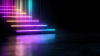 Glowing neon lines create vibrant steps in dark space with purple, pink and blue light reflections on wet floor surface, modern futuristic background design.