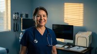 Smiling Hispanic female nurse in blue scrubs with stethoscope standing in modern hospital room with medical equipment and computer workstation.