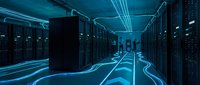 Server room with rows of black server racks illuminated by bright blue neon lights, creating a futuristic data center environment for technology and networking concepts.