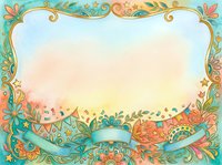 Ornate decorative frame with turquoise, gold, and coral botanical flourishes, stars, and swirls surrounding blank white center space. Isolated on transparent background, ready for design, invitations, posters, and greeting cards.