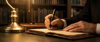 Professional businessman writing with fountain pen in vintage leather journal at wooden desk with brass lamp in classic library setting.
