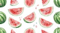 Watercolor watermelon slices and whole fruits seamless pattern on white background. Fresh summer fruit illustration for textile, wallpaper and packaging design.