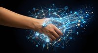 Business handshake with digital network connections and glowing data points representing partnership, collaboration and technology integration.