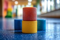 Colorful foam cylinders stacked in creative composition on textured surface with soft bokeh background, showcasing educational or therapeutic sensory materials.
