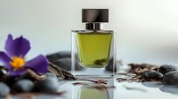 Elegant glass perfume bottle with yellow fragrance against zen stones and purple iris flower on reflective surface in spa setting. Luxury aromatherapy concept.