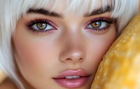 Close up portrait of young woman with platinum blonde hair, bright green eyes and pink makeup against golden background. Professional beauty photography.