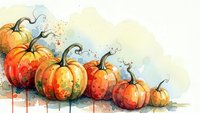 Watercolor autumn pumpkins in orange and red tones with artistic paint drips on light background for seasonal harvest decorations and fall designs.