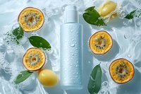 White cosmetic bottle with water drops surrounded by fresh citrus fruits and green leaves on ice background, refreshing skincare concept for beauty product.
