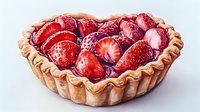 Fresh strawberry tart with flaky golden crust and ripe red berries in sweet glaze, arranged in rustic ceramic baking dish against light background.