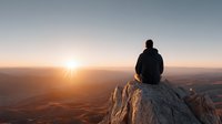 Man sitting on mountain peak watching golden sunrise over vast landscape with warm light illuminating rolling hills and valleys below.