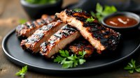 Grilled pork ribs with barbecue sauce on black plate, garnished with fresh herbs. Juicy meat with charred crust and caramelized glaze shows perfect grill marks.