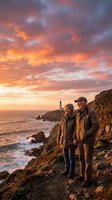 Couple standing on rocky coastal cliff at sunset, watching golden sky and ocean waves with lighthouse in distance, adventure travel and nature exploration.