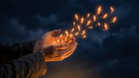 Glowing magical sparks floating from cupped hands against dramatic twilight sky. Conceptual fantasy art for inspiration, dreams, and spiritual energy themes.