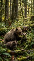 Brown bear mother with two cubs in dense forest surrounded by tall evergreen trees, fallen logs, and lush ferns, depicting wildlife family behavior and natural habitat for nature and animal content.