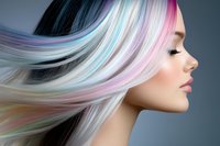 Young Asian woman with flowing multicolored pastel hair in profile view against gray background showcasing creative hair coloring and styling for beauty and fashion industry.