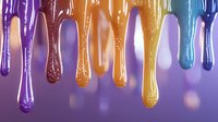 Colorful dripping paint drops in vibrant rainbow colors against purple background, macro photography showing liquid texture and glossy surface detail.