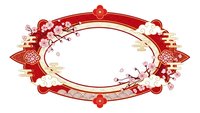 Red ornate oval frame with cherry blossoms and traditional Asian decorative elements on white background for greeting cards and invitations.