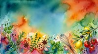 Watercolor garden flowers and cooking utensils blend in vibrant rainbow hues, creating an artistic culinary background suitable for recipe blogs, kitchen decor, and food-related design projects.