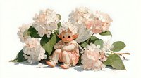 Adorable baby sitting among blooming hydrangea flowers in soft pastel tones, watercolor style illustration for nursery decor and greeting cards.