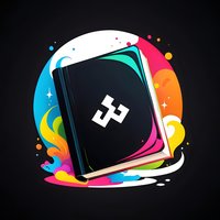 Black book with geometric logo surrounded by vibrant swirling rainbow colors and sparkles on dark background, artistic design style for creative projects.
