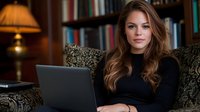 Young Caucasian businesswoman with long brown hair working remotely from home office on laptop while sitting on vintage sofa. Professional female entrepreneur in black sweater.