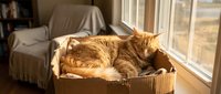 Orange tabby cat sleeping peacefully in cardboard box by sunny window in cozy living room. Domestic pet relaxation and comfort at home.