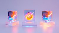 Glowing neon cryptocurrency cubes with trading charts and coin symbols on illuminated stands, futuristic financial technology concept in pink and blue colors.
