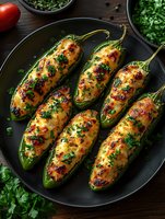 Baked jalapeno peppers stuffed with melted cheese, topped with crispy bacon bits and fresh herbs served on dark plate. Mexican appetizer or party food.