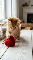 Adorable orange tabby kitten playing with red knitted heart toy on wooden floor in cozy living room with fireplace and warm natural lighting.