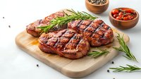 Grilled ribeye steaks with rosemary sprigs on wooden cutting board, served with peppercorns and roasted tomatoes in ceramic bowls against white background.