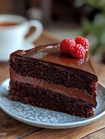 Rich chocolate layer cake slice with glossy ganache frosting and fresh raspberries on top, served on decorative plate with coffee cup in background.