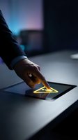Businessman hand touching glowing house icon on digital tablet screen in modern office environment for real estate technology applications.