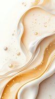 Flowing white cream and golden liquid with bubbles on light background, abstract wavy design for cosmetic and beauty product advertising.