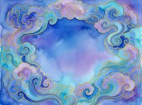 Watercolor swirling clouds frame in purple blue teal creating mystical border with ornate decorative elements for spiritual meditation designs.