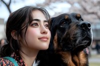 Young Asian woman with long dark hair in close portrait with Rottweiler dog outdoors during spring cherry blossom season, both looking up with serene expressions.