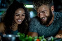 Happy mixed-race couple laughing together while looking at smartphone screen in cozy evening setting with warm lighting and relaxed atmosphere.