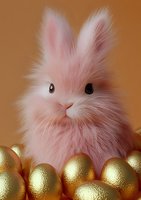Adorable pink bunny rabbit with fluffy fur sitting among golden Easter eggs on brown background. Festive holiday composition for spring season celebration.